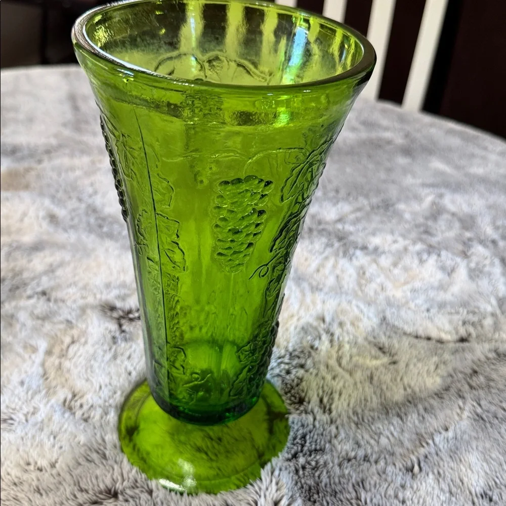 Vintage Indiana Glass Green Glass Footed Vase Colony‎ Harvest Pattern Tall